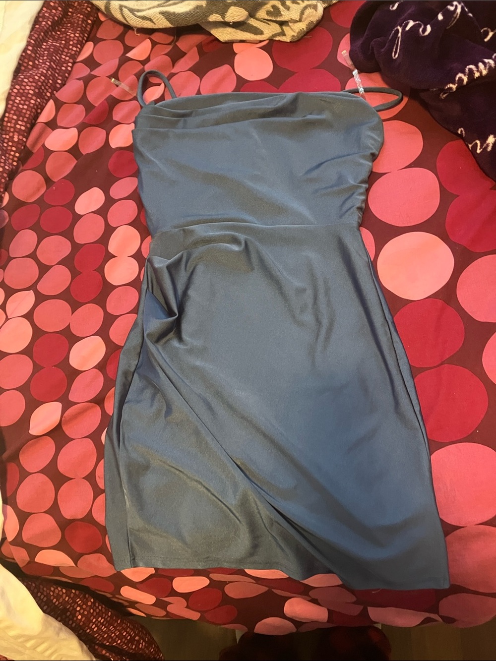 Windsor Steel Blue Satin Mini Dress with Spaghetti Straps